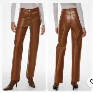 Aritzia Wilfred Melina Faux Leather Straight Leg High Rise Pants Brown size 4